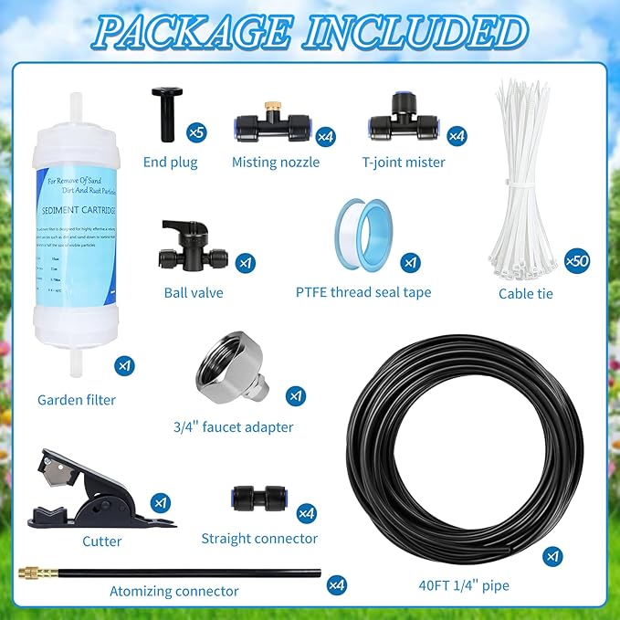 AC Condenser Misting Cooling System Includes Water Filter Cutter, Air Conditioner Cooler System Evaporative Cooling Kit for Residential AC Units, Sun-Exposed Condensers&High-Temperature Climate Homes
