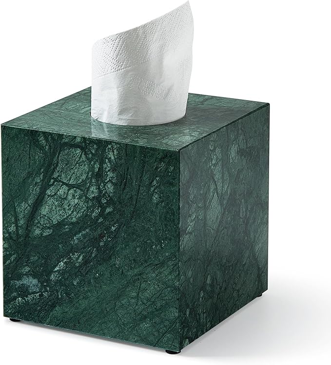 Real Natural Marble Tissue Box Cover, 5.5 Inch Square Marble Tissue Box Holder with Open Bottom, Heavy Stone Decorative Organizer for Bathroom Vanity, Kitchen Countertop, Luxury Home Décor