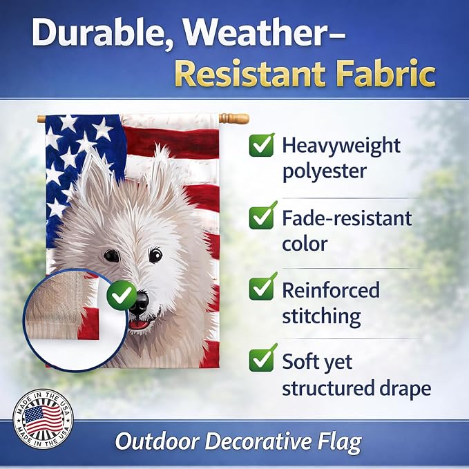 Caroline's Treasures CK6687CHF Samoyed Dog American Flag House Flag Large Porch Sleeve Pole Decorative Outside Yard Banner Artwork Wall Hanging, Polyester, House Size, Multicolor