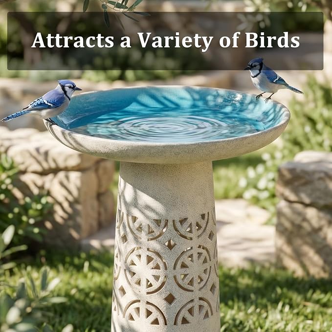 Ceramic Bird Bath for Outside, 18.5 Inch Tall Outdoor Birdbath, Lightweight Aesthetic Hollow Bird Baths with Detachable Large Bowl for Outdoors, Garden, Floor, Balcony, and Lawn