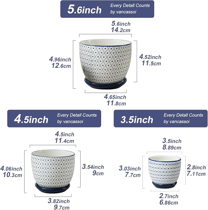 Ceramic Plant Pots - 3.5+4.6+5.6 Inch Flower Pots for Indoor Plants - Planters with Drainage Holes and Saucers Orchid, Herbs, Succulent, Cactus, Home Decor, Set of 3, Vintage Blue, Star
