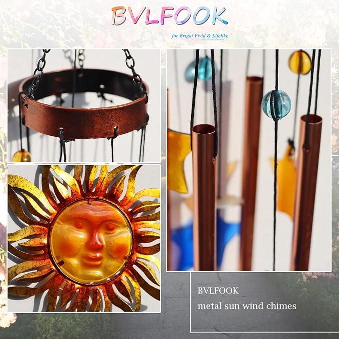 Sun Face Wind Chimes for Outside Decoration, with Star Shape Suncatcher | BVLFOOK; Wind Chimes; Hanging for Porch Patio Balcony Décor; 37 Inch; Aluminium Tubes; indoor & outdoor