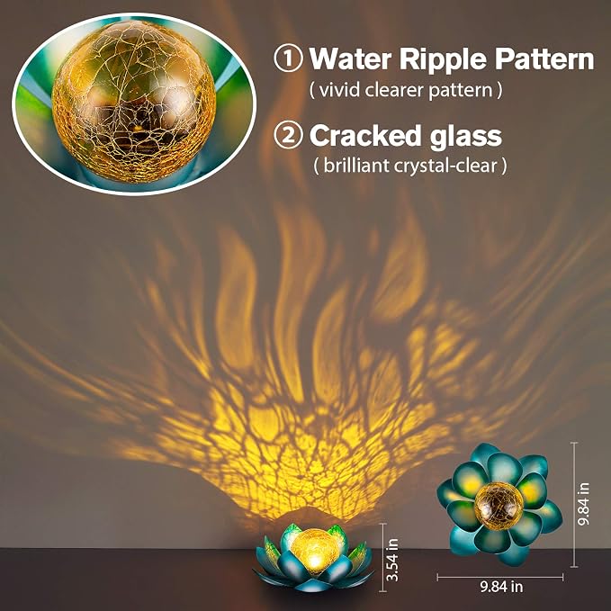 Huaxu Solar Light Outdoor Garden Decor Blue Metal Crackle Globe Glass Waterproof LED Lotus Flower Table Lamp Decorations for Patio Yard Porch Pathway Ground