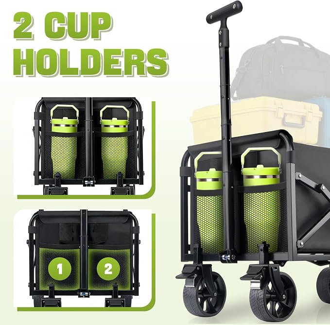 Collapsible Foldable Wagon Cart with Wheels - 360LBS Folding Utility Wagon Cart with Brakes, Lightweight Portable All-Terrain Wagons for Groceries Garden Beach Shopping Camping, 2 Cup Holders/Black