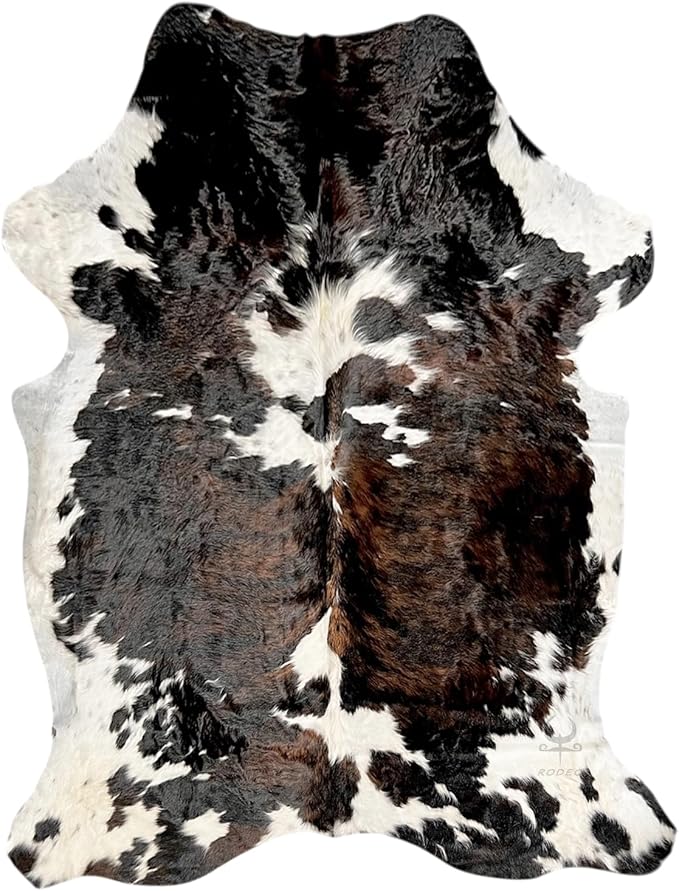 rodeo Genuine Cowhide 6x8 ft – Real Cow Hide Rug Dark Tricolor Brindle – Natural Hair-on Cow Skin Area Rug for Living Room, Western Rug Home Décor, Rustic Brown and White Cow Print Carpet