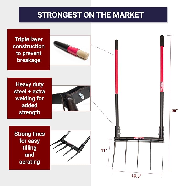 Bully Tools 5-Tine Broadfork with Fiberglass Handles, Heavy Duty Broad Fork for Tilling Aerating and Turning Soil, 56" 10-Gauge Steel Fork, Ideal for Garden Beds and Pavers Base Prep, 100% Made in USA