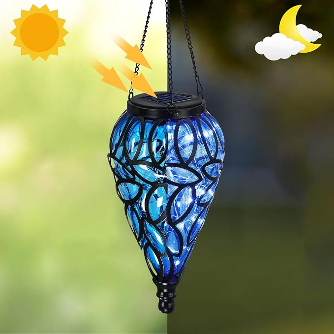 SUNNYPARK Outdoor Plastic Solar Hanging Lantern, 15 Cool White LEDs Twinkle Effect Tear-Shaped Hanging Lantern Decor Garden Decorative Solar Lights for Backyard, Patio and Lawn