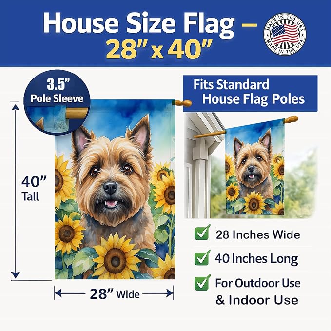 Caroline's Treasures DAC6044CHF Cairn Terrier in Sunflowers House Flag Large Porch Sleeve Pole Decorative Outside Yard Banner Artwork Wall Hanging, Polyester, House Size, Multicolor