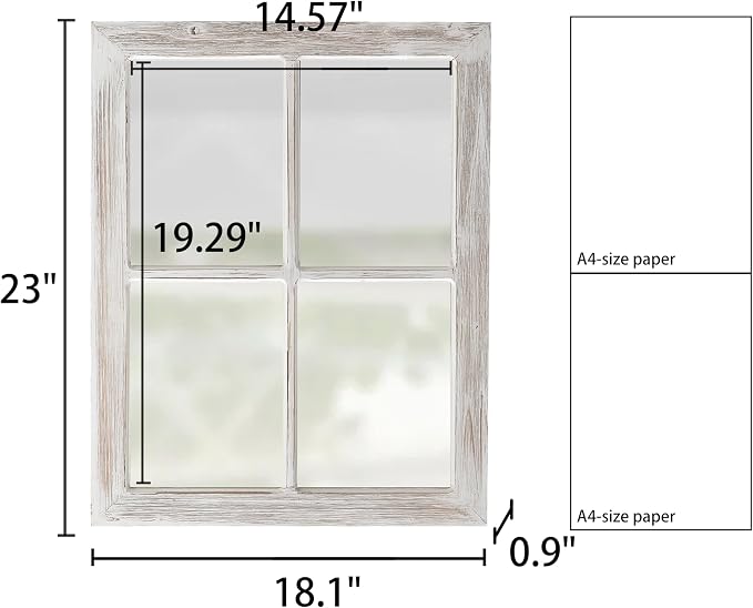 Farmhouse Window Pane Mirror, Washed White, 18 X 23 Inch | Hanging Rectangle Faux Window Mirrors, Handmade Rustic Wood Framed Windowpane Mirror for Kitchen, Horizontal or Vertical