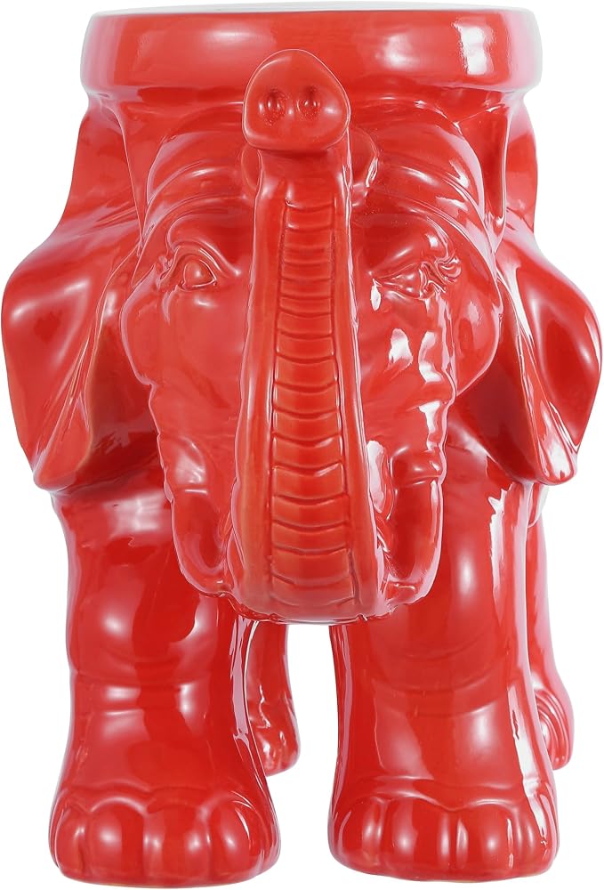 JONATHAN Y White Elephant 14.25" Glazed Ceramic Elephant Garden Stool, Weather-Resistant Indoor/Outdoor Patio Side Table and Plant Stand, Bohemian, Red TBL1007B