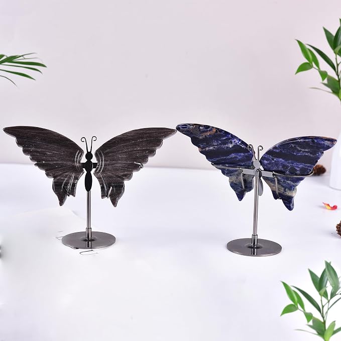 JIC Gem Large Silver Obsidian Crystals Butterfly Art Decorative Stones Natural Rocks Healing Crystal Carved Angel Wings with Display Decor Reiki Gifts (1pair, 10cm)