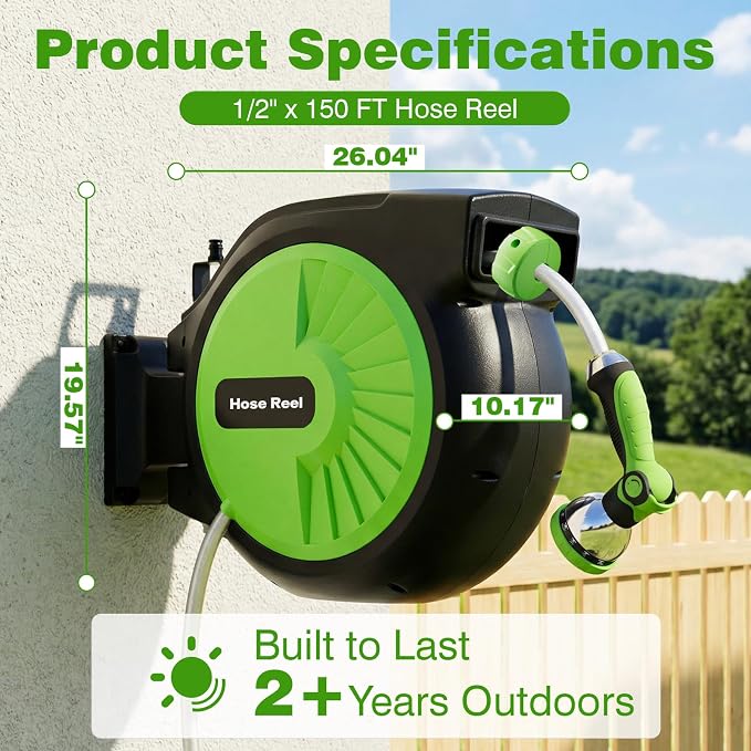 Retractable Garden Hose Reel 150FT x 1/2 in, Wall Mount Water Hose Reel for Outside with Auto Rewind, Tangle-Free Guide, 180° Swivel Bracket, Lock at Any Length, High-Pressure Flow, 10-Pattern Nozzle