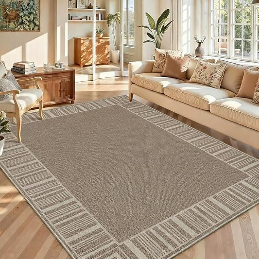 COZYLOOM Indoor Outdoor Rugs 8x10 Easy Jute Washable Area Rug, Beige Brown | Modern Non Slip Neutral Border Non Shedding Stain Resistant Foldable Rug for Living Room Dining Room Bedroom Patio Backyard