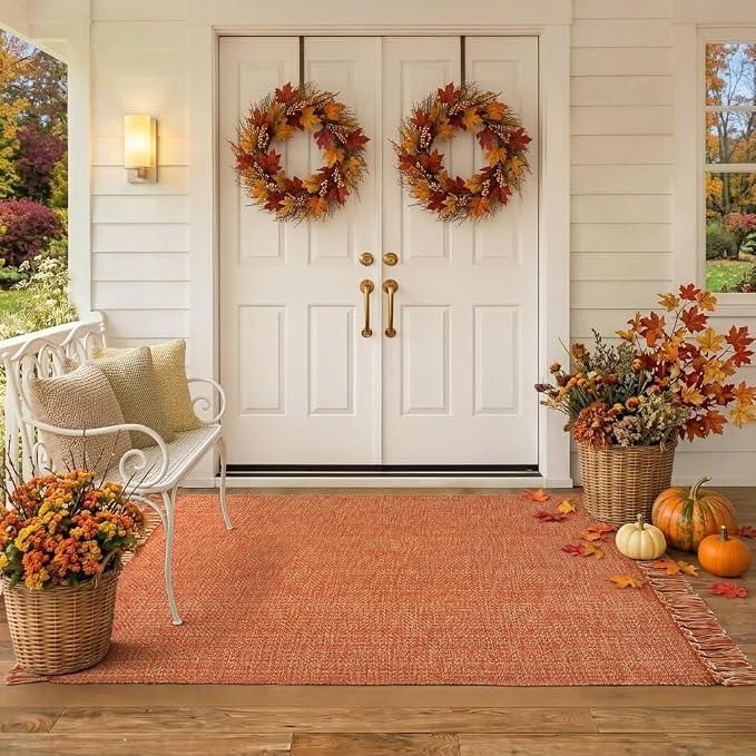 3' x 5' Fall Terracotta Indoor Outdoor Rug Farmhouse Entryway Rugs | Hand-Woven Washable Kitchen Rugs, Low-Profile Front Door Mat, Braided Throw Carpet for Bedside Nursery Porch Fall Decor