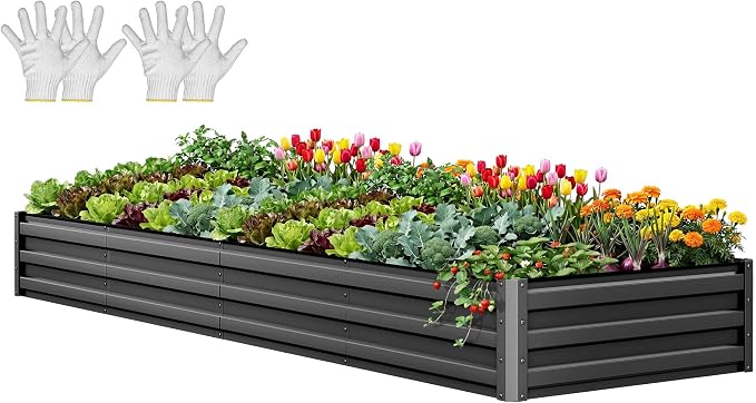 YITAHOME 12x4x1ft Large Raised Garden Bed Kit, Galvanized Metal Planter Box with Gloves, Ground Nails, Support Rod, Outdoor Above Ground Planters for Plants Vegetables Flowers, Black