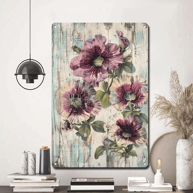 Metal Sign Tin Sign Vintage Wall Art Shabby Chic Petunias Tin Sign for Rustic Garden Art Vintage Flowers and Corrosion Resistant Alumi Tin Sign Garden Gift for Restaurant 12×16 Inches