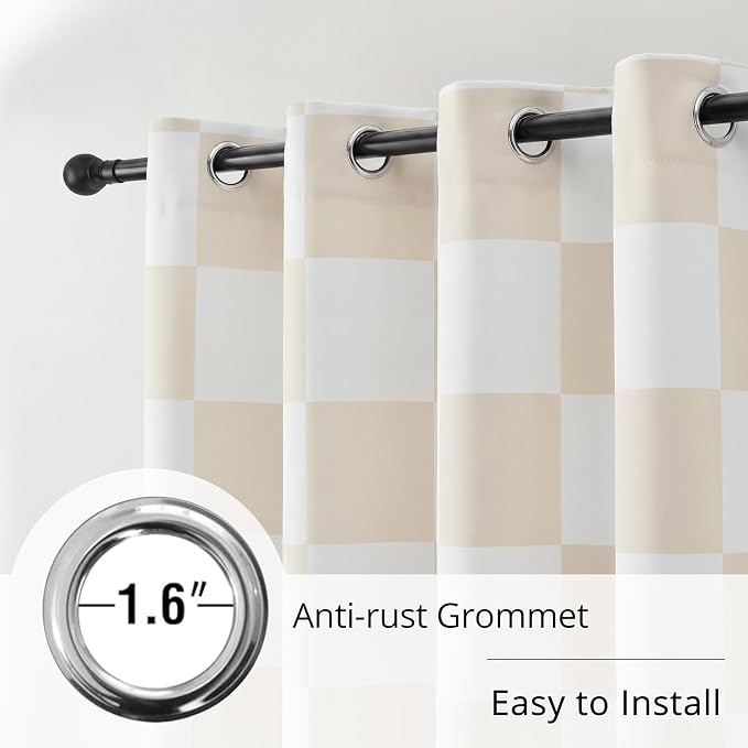 100% Blackout Checkered Curtains – 2 Panels, Each W52×L84, Thermal Insulated, Nosie Reducing for Bedroom, Modern Cream and White Checkerboard Design