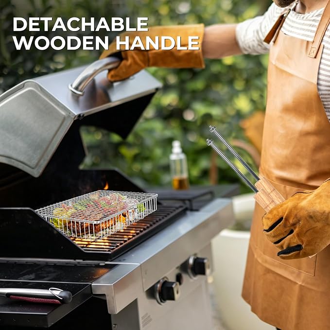 Grill Baskets for Outdoor Grill,Removable Wooden Handle and Divider Panel,BBQ Accessories for Grilling Fish,Veggies,Shrimp,Meat,Premium 304 Stainless Steel,Grilling Tools for Outdoor Cooking & Picnics,Gifts for Father’s Day,Birthday,Festival,Anniversary