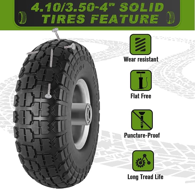 4 Pcs 4.10/3.50-4" Tire and Wheel Flat Free, 10 Inch Solid Rubber Tires with 5/8" Axle Bore Hole, 2.2" Offset Hub for Hand Truck, Wheelbarrow, Gorilla Cart, Garden Wagon Cart, Dolly, Utility Cart