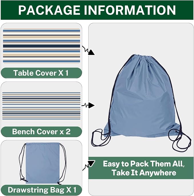 Picnic Table Cover with Bench Covers Elastic Edges, Brown Tripes Camper Fitted Table Cover, Outdoor Patio Camping Essentials 72 Inch 3PCS, Waterproof Camping Fitted Tablecloth with Drawstring Bag