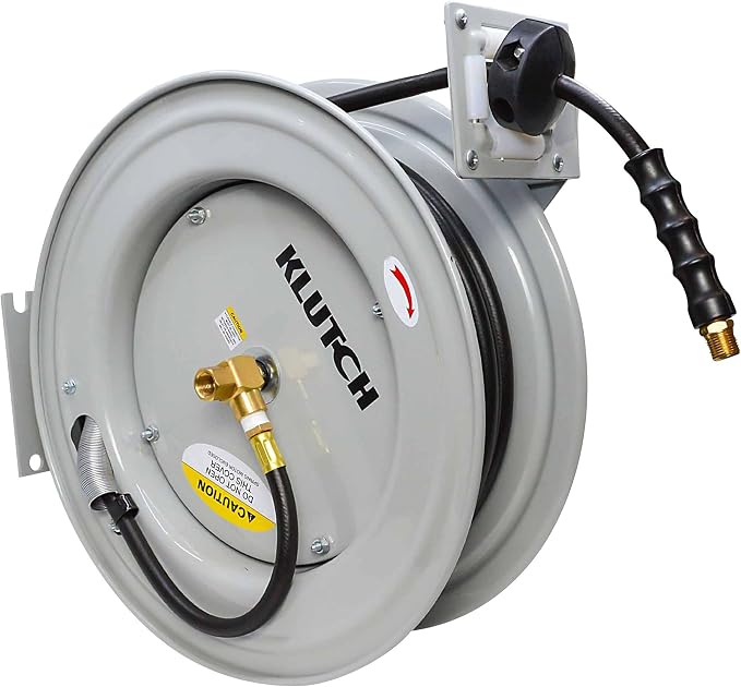 Klutch Auto-Rewind Air Hose Reel, with 3/8in. x 75ft. Rubber Hose, 300 PSI, Model# TLEXR3875-NT