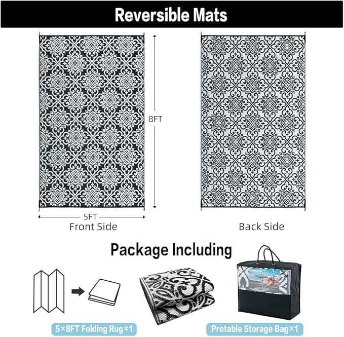 HUGEAR Outdoor Rug for Patios Clearance,Waterproof Mat,Large Outside Carpet,Reversible Plastic Straw Camping Rugs,Rv,Porch,Deck,Camper,Balcony,Backyard (5x8,Danica/Black&White)