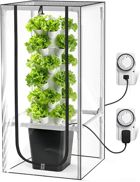 JESLED 6 Tiers Hydroponics Growing System Kits with LED Grow Lights,Tent | Dual Auto Timers Indoor Vertical Hydroponic Tower with Water Tank, Pump and Humidity Cover for Home Kitchen, Class, 30Pods