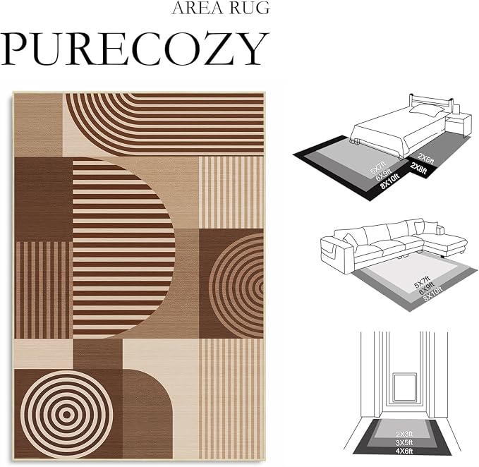 9x12 Area Rug for Living Room Brown Geometric Rug Machine Washable Minimalist Line Mid Century Modern Area Rugs Non Slip Low Pile Large Dining Room Indoor Floor Carpet for Bedroom Office,Brown