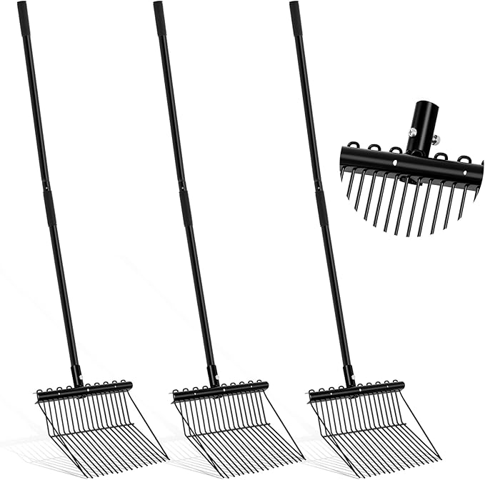 Lasnten 3 Sets Manure Fork with Long Handle, All Metal Head & Handle, Pitch Fork Manure Rake Heavy Duty Dustproof Muck Rake for Gardening Horse Stable Grass Hay Cleaning Farm Work(Black)