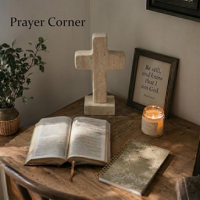 Natural Travertine Cross Decor for Home, Standing Christian Cross for Tabletop, Fireplace & Shelf, Catholic Religious Gift for Women Men, Stone Sculpture for Prayer Room