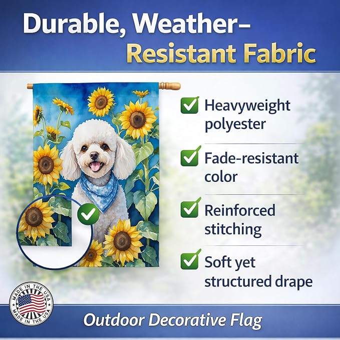 Caroline's Treasures DAC6141CHF White Poodle in Sunflowers House Flag Large Porch Sleeve Pole Decorative Outside Yard Banner Artwork Wall Hanging, Polyester, House Size, Multicolor