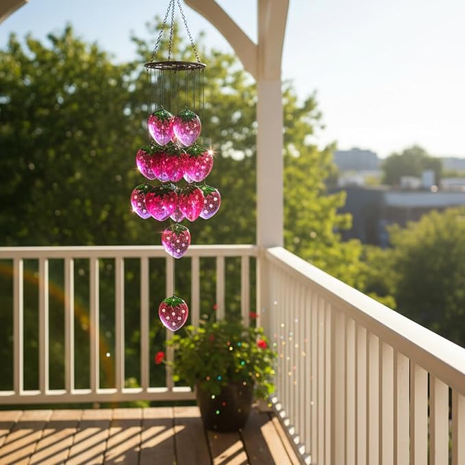 Small Sea Glass Wind Chimes for Outside, Strawberry Windchimes Outdoors Unique, Sea Glass Art Wind Chimes Outdoor Gifts for Women, Hanging Outdoor Garden Decor