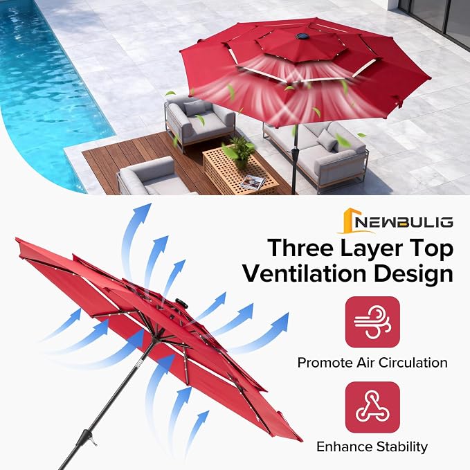 NEWBULIG 10ft Solar Patio Umbrella with 32 LED Lights, Table Market Umbrella with Tilt Adjustment & Crank Lift, Outdoor Sun Umbrella for Garden, Deck, Backyard, Pool and Beach