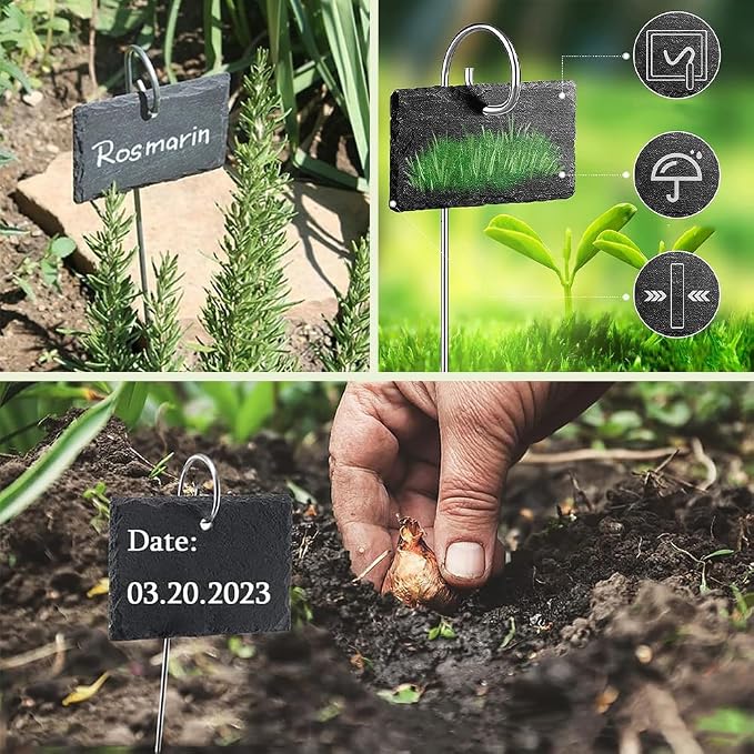 Slate Plant Labels Garden Markers Signs Labels with Stainless Steel Stake & Marker Pen Waterproof Slate Plant Labels for Flowers, Herbs, Potted Plants, Seed (Rectangular, 10PCS)