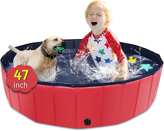 CACSPS Foldable Dog Pool, 47" x 12" Kiddie Pool with Hard Plastic, Non-Slip Dog Bath Tub for Outdoor Backyard, Collapsible Dog Swimming Pool for Kids Dogs Pets (Red)