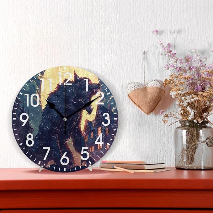 ALAZA Home Decor Wolf Moon House Round Acrylic 9.84 Inch Wall Clock Non Ticking Silent Clock Art for Living Room Kitchen Bedroom