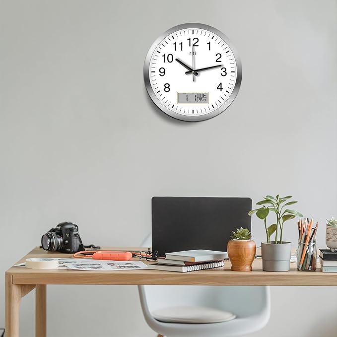 HITO 16 Inch Silent Wall Clock Battery Operated with Temperature and Date, Large Wall Clock for Living Room Decor, Office, Classroom, Bedroom
