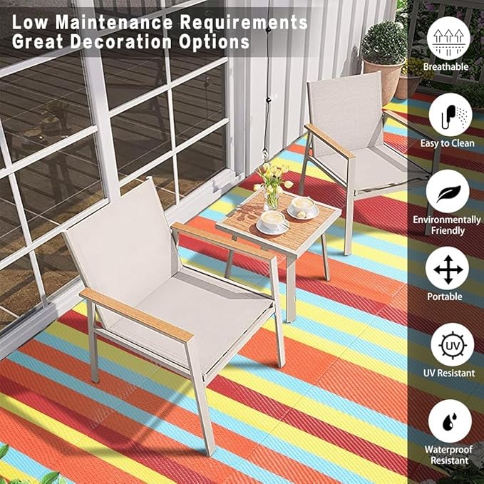 HUGEAR Outdoor Waterproof Rug 9'x12' Plastic Straw Rugs Washable Reversible Floor Mat Rainbow Stripe Carpet for Camping RV Deck Entryance Porch Picnic Balcony Beach Backyard