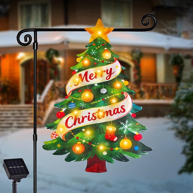 Lighted Christmas Garden Flag for Outside, Solar LED Xmas Tree Flag Decoration, 12x18 Double Sided Outdoor Yard Lawn Decor (Shape Christmas Tree, 12x18 Inch)