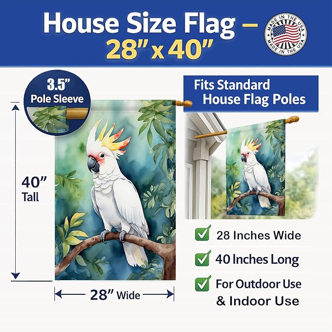 Caroline's Treasures Cockatoo House Flag Large Porch Sleeve Pole Decorative Outside Yard Banner Artwork Wall Hanging, Polyester, House Size, Multicolor