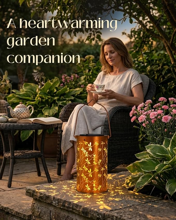 DIBIEECN Birthday Gifts for Women Mom Grandma Wife, Solar Lanterns Outdoor Waterproof, Metal Hanging Lights Garden Decor, LED Decorative Lantern for Patio Porch Backyard, Dragonfly, 4 Pack