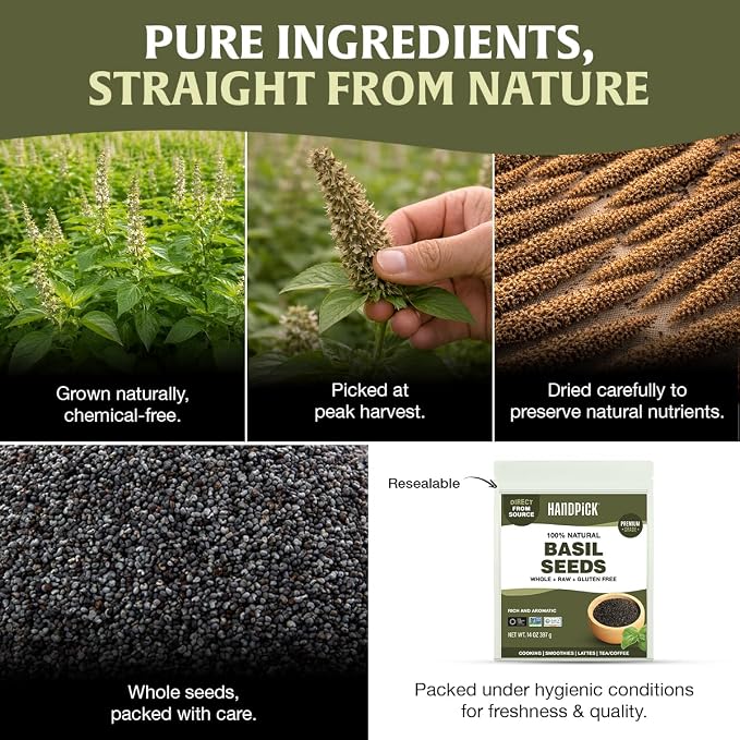 HANDPICK Holy Basil Seeds (397g/14oz) | 2x More Fiber than Chia | Edible Basil Seeds, Gluten free, Raw Sabja, Tukmaria Seeds | Prebiotic | Packed in Resealable Zip Lock Pouch (Packaging may vary)