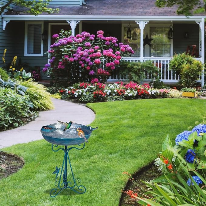 DREAMSOUL Blue Bird Bath Stand, 12" Dia Bird Bath for Outside Metal Birdbath with Folding Bracket for Patio Lawn Garden Decor