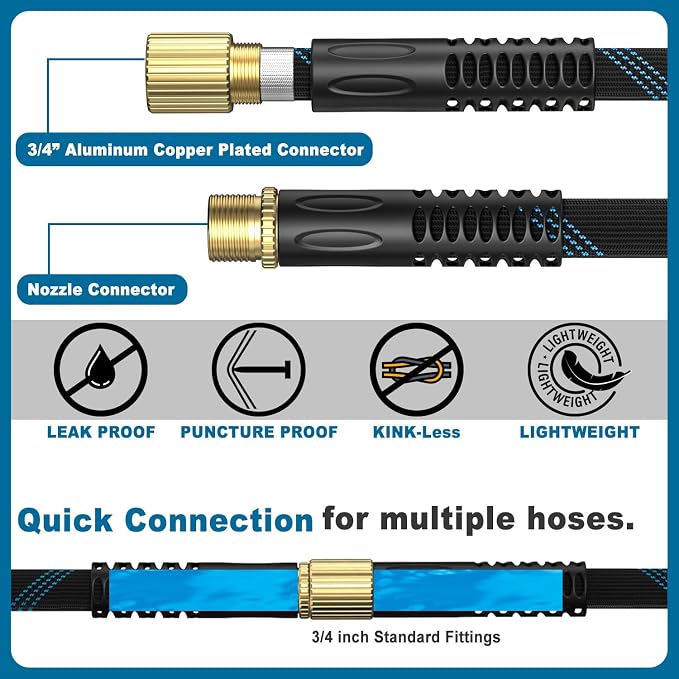 Garden Hose 100ft, Non-Expandable Lightweight & Flexible Water Hose, with 10-Pattern Spray Nozzle, Super Fabric, Leak-Proof 3/4" Solid Brass Alloy Connector Fittings, Durable