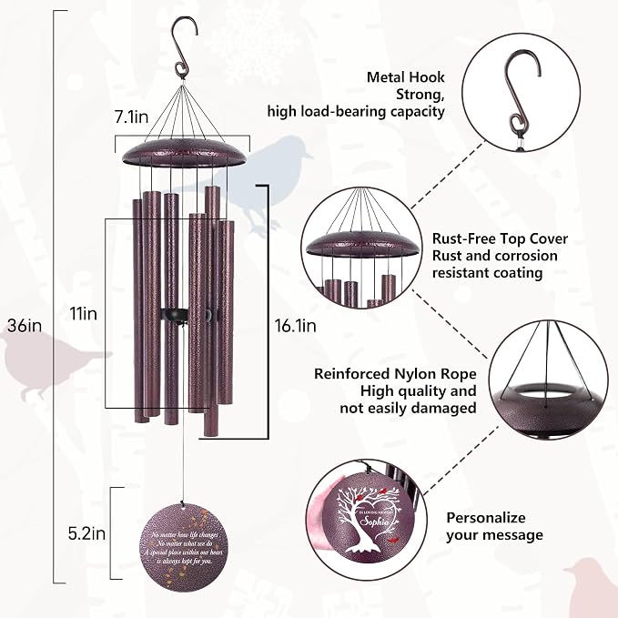 Personalized Cardinal Sympathy Wind Chimes, Deep Tone 30/36/45 inch Wind Chimes Sympathy Gifts for Loss of Loved One, in Loving Memory Windchimes for Loved Ones Lost, Garden Decor, Produced in Texas