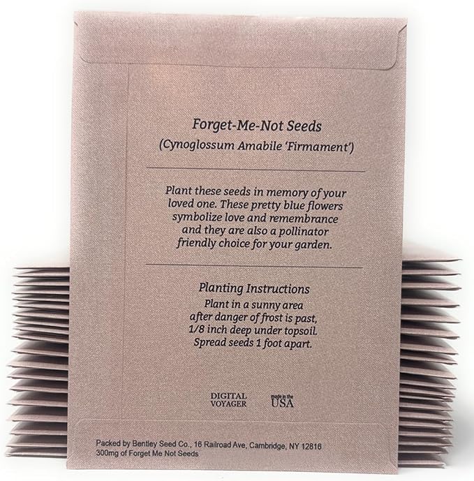 Forget Me Not Seeds - Memorial Funeral Favors - Memories Too Beautiful - 3.25x4.5 inches - Prefilled Seed Packets - Ready to Give - Pack of 20