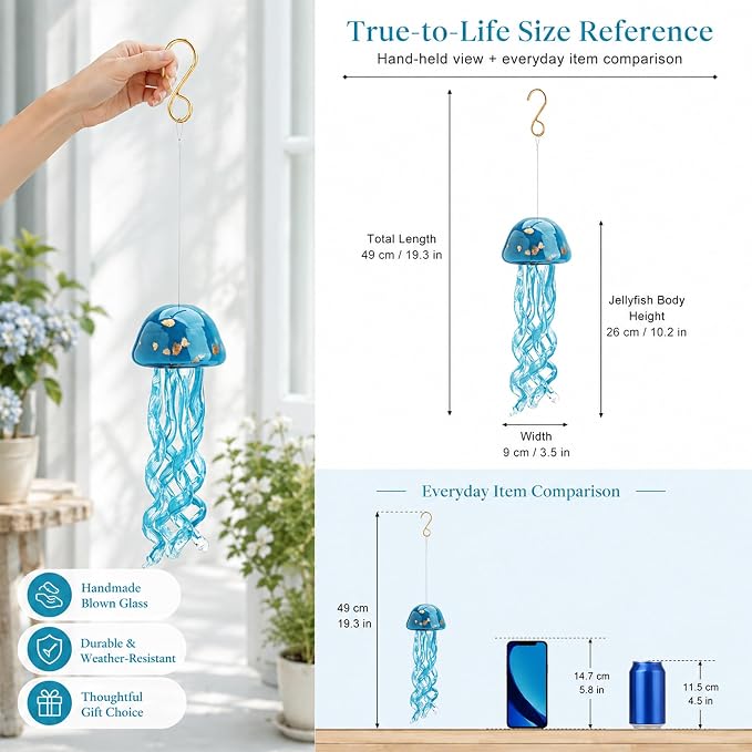 Handblown Art Glass Jellyfish Wind Chime,Glass Jellyfish Hanging Sun Catcher Wind Chime,Wind Chimes for Outside,Sea Glass Blown Wind Chimes for Beach Party,Wedding Decor(Aqua Blue)