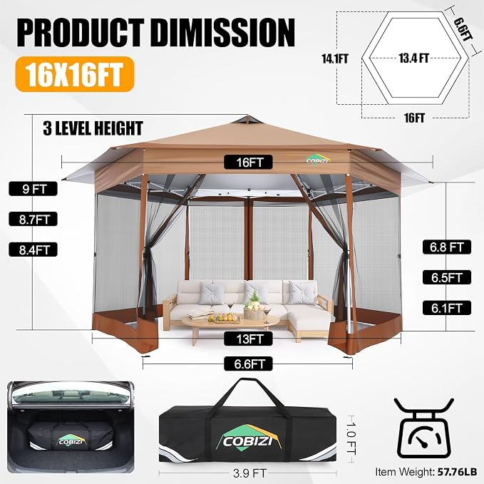 COBIZI 16x16 Pop Up Gazebo Tent with Mosquito Netting, Gazebos on Clearance, Hexagonal Outdoor Canopy Shelter, Patented Center Lock 6-Sided Portable Gazebos, Pop Up Canopy Tent for Backyard, Brown