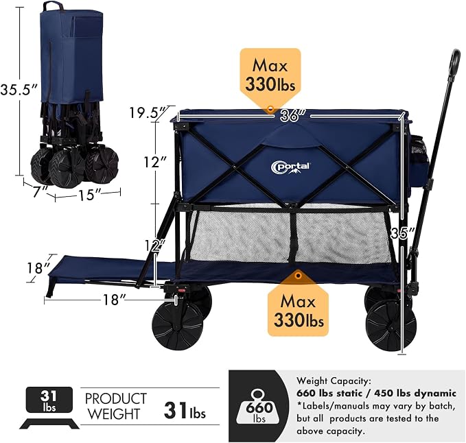 Portal Collapsible Double Decker Wagon Folding Utility Cart with Tailgate, Beach Wagons with Big Wheels, 660LB Heavy Duty Foldable Wagon 14 FT³ Large Capacity for Camping, Sports, Garden