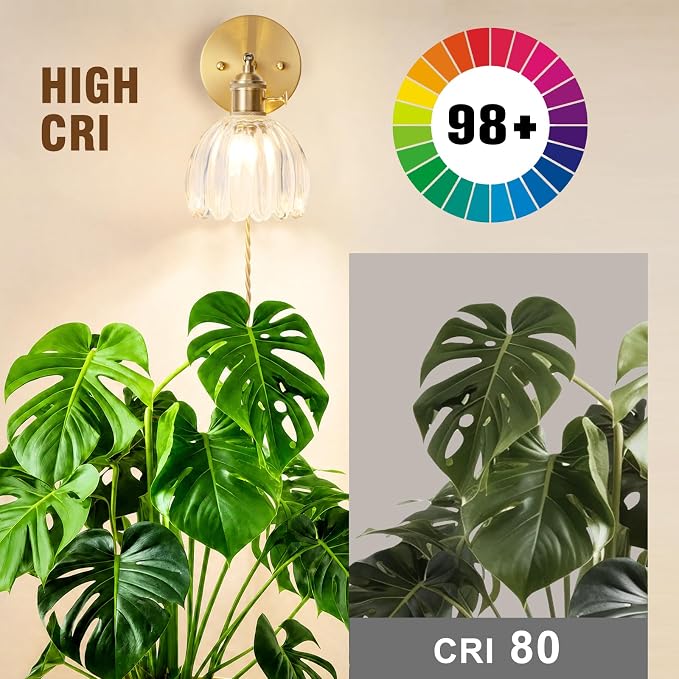 Wall Mounted Grow Lights for Indoor Plants with Vintage Tulip Glass Shade, Switch and Power Cord, Decorative Hanging Plants Light for Growing